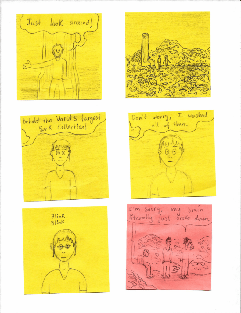 "Just look around! [...] Behold the World's largest Sock Collection! Don't worry, I washed all of them."
*blink blink*
"I'm sorry, my brain literally just broke down."