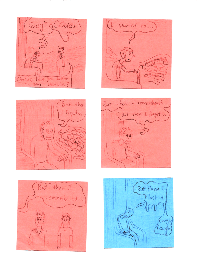 *Cough cough*
"Charlie, did you take your medicine?"
"I wanted to... but then I forgot... But then I remembered... But then I forgot... But then i remembered... But then I lost it. (cough)"