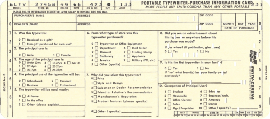 A punch card with order information on it